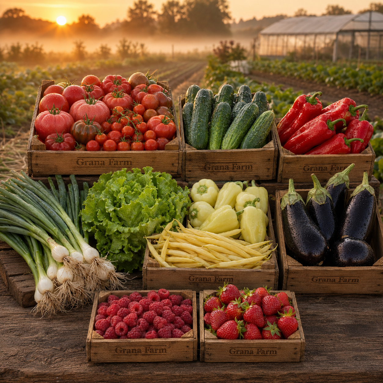 Legume proaspete Grana Farm, în grădină, în lumina dimineții