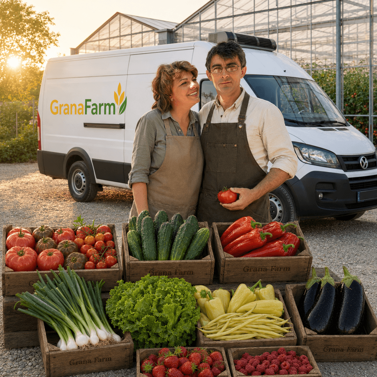 Familia Grana Farm cu duba de livrare și lădițe cu legume proaspete