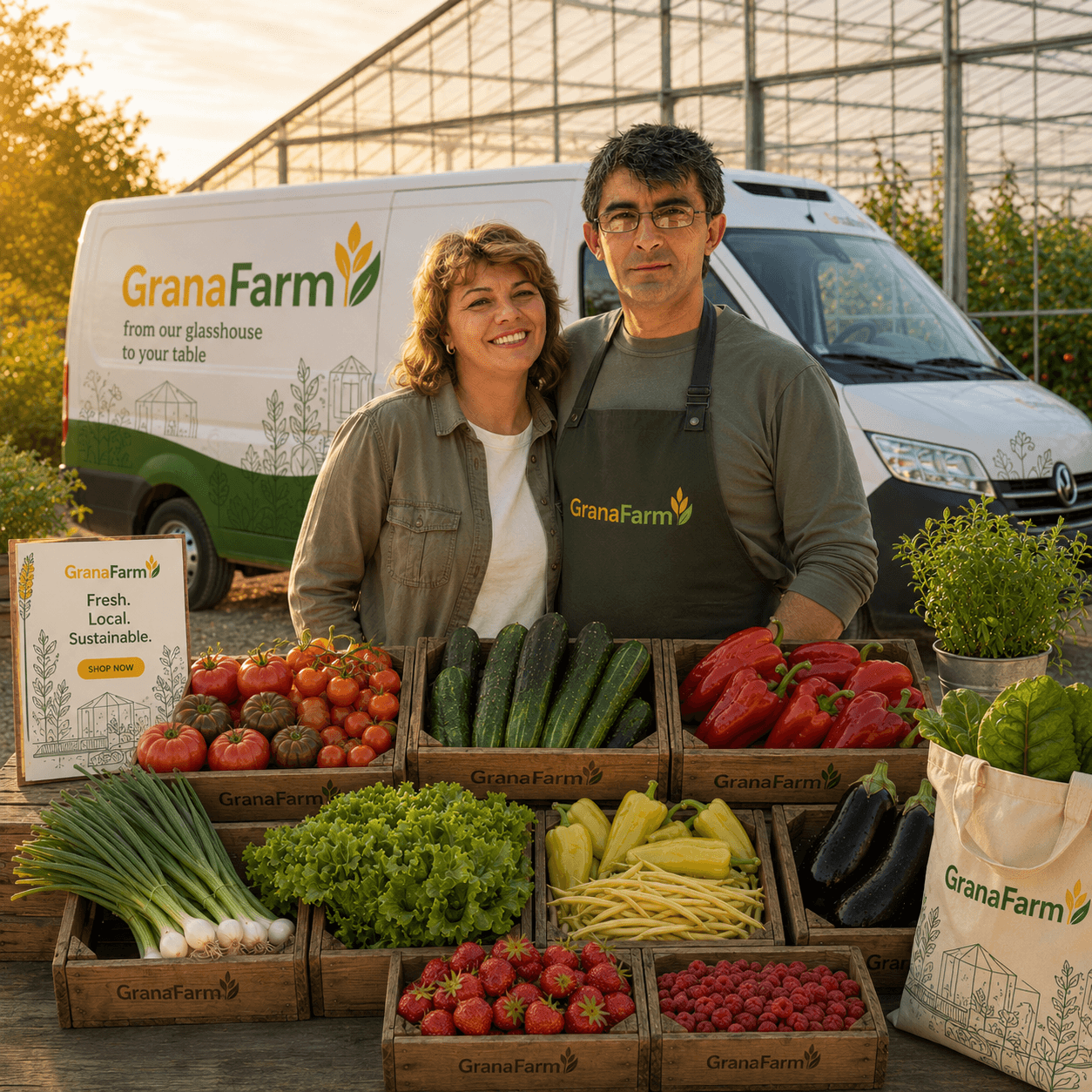 Familia Grana Farm, cu recolta zilei și duba de livrare, în fața solariilor